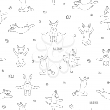 Yoga dogs poses and exercises. Bull terrier seamless pattern. Vector illustration