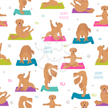 Yoga dogs poses and exercises. Golden retriever seamless pattern. Vector illustration