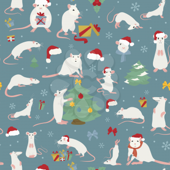 Rats christmas seamless pattern. Rat poses and exercises. Cute cartoon new year clipart set. Vector illustration