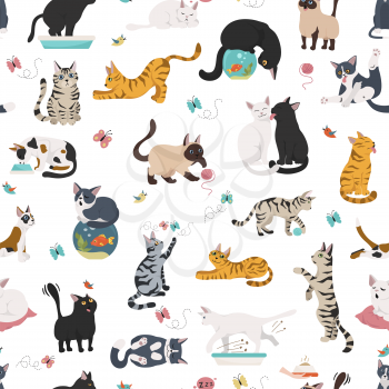 Cartoon cat characters seamless pattern. Different cat`s poses, yoga and emotions set. Flat simple style design. Vector illustration