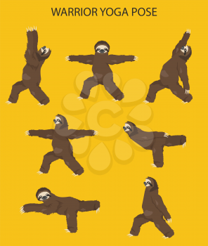 Sloth yoga collection. Warrior yoga position. Funny cartoon animals in different postures set. Vector illustration