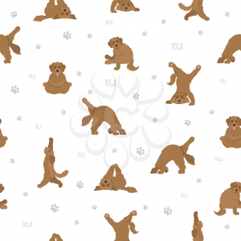 Yoga dogs poses and exercises poster design. Labradoodle seamless pattern. Vector illustration