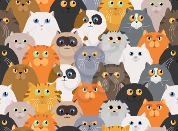 Cat poster. Cartoon cat characters seamless pattern. Different cat`s poses and emotions set. Flat color simple style design. Vector illustration