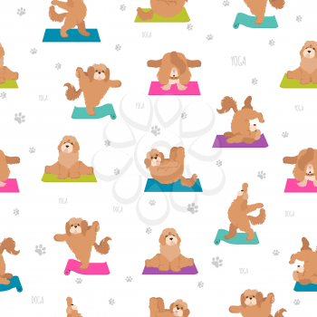 Yoga dogs poses and exercises seamless pattern design. Cockapoo clipart. Vector illustration
