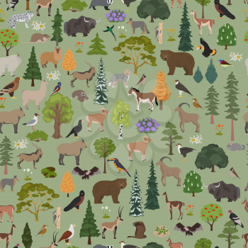 Montane forest biome, natural region seamless pattern. Terrestrial ecosystem world map. Animals, birds and vegetations ecosystem design set. Vector illustration