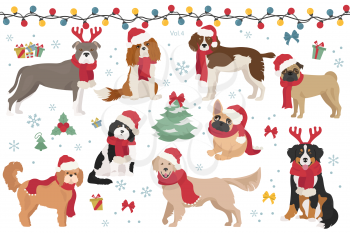 Dog characters in Santa hats and scarves. Christmas holiday design. Vector illustration