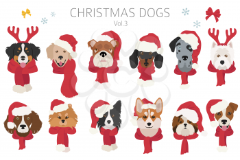 Dog portraits in Santa hats and scarves. Christmas holiday design. Vector illustration