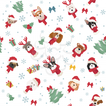 Dog portraits in Santa hats and scarves. Christmas holiday seamless pattern. Vector illustration