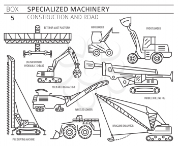 Special industrial construction and road machine linear vector icon set isolated on white. Illustration