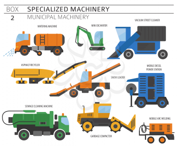 Special industrial road and municipal machine. Colour flat vector icon set isolated on white. Illustration