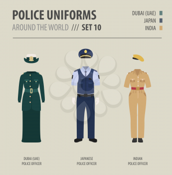 Police uniforms around the world. Suit, clothing of asian and arabian police officers vector illustrations set