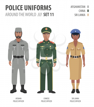 Police uniforms around the world. Suit, clothing of asian police officers vector illustrations set