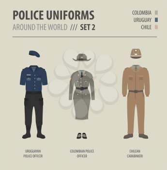Police uniforms around the world. Suit, clothing of american police officers vector illustrations set