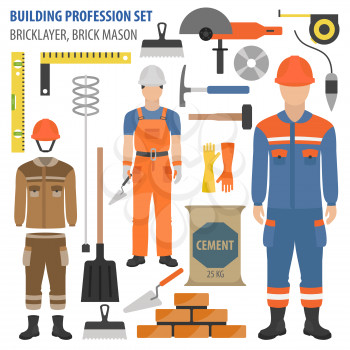 Profession and occupation set. Bricklayer, brick mason tools and equipment. Uniform flat design icon. Vector illustration 