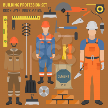 Profession and occupation set. Bricklayer, brick mason tools and equipment. Uniform flat design icon. Vector illustration 
