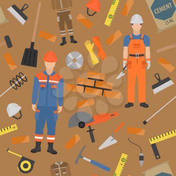 Profession and occupation set. Bricklayer, brick mason tools and equipment. Seamless pattern. Vector illustration 