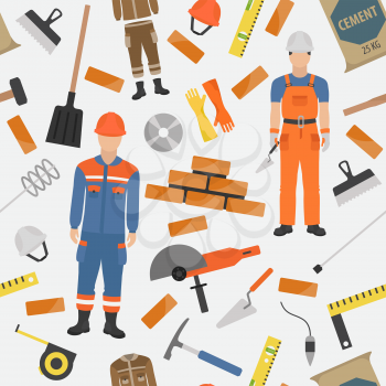Profession and occupation set. Bricklayer, brick mason tools and equipment. Seamless pattern. Vector illustration 