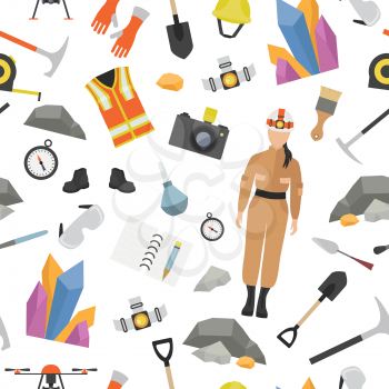 Profession and occupation seamless pattern. Geologist tools and equipment. Uniform flat design icon. Vector illustration 