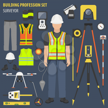 Profession and occupation set. Land surveyor tools and  equipment. Uniform flat design icon.Vector illustration 