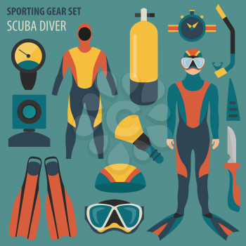 Sporting gear set. Diving equipment and scuba diver male flat design icon.Vector illustration 