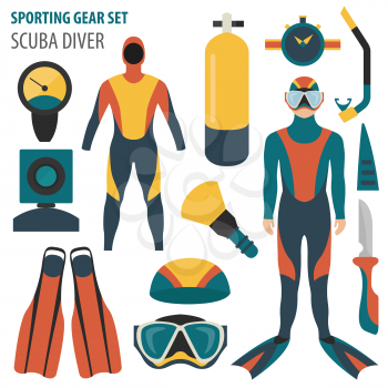 Sporting gear set. Diving equipment and scuba diver male flat design icon.Vector illustration 