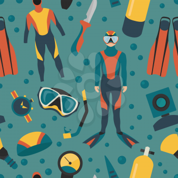 Sporting gear set. Diving equipment and scuba diver male seamless pattern.Vector illustration 