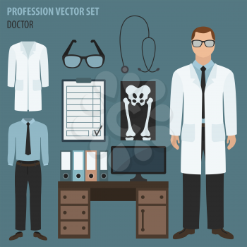 Profession and occupation set. Doctor`s workplace, medical staff uniform flat design icon.Vector illustration 
