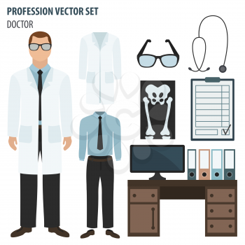 Profession and occupation set. Doctor`s workplace, medical staff uniform flat design icon.Vector illustration 