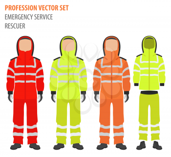 Profession and occupation set. Rescuer`s equipment, emergency service staff uniform flat design icon.Vector illustration 