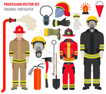 Profession and occupation set. Fireman equipment, firefighter service staff uniform flat design icon.Vector illustration 