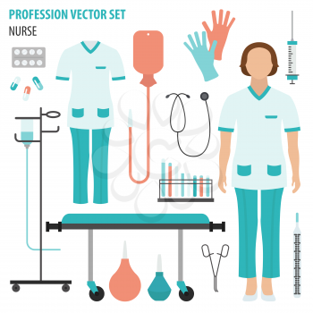 Profession and occupation set. Nurse equipment, medical staff uniform flat design icon.Vector illustration 