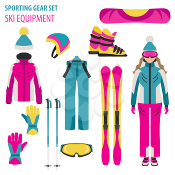 Sporting gear set. Ski equipment and skier woman flat design icon.Vector illustration 