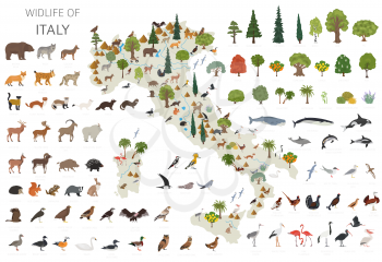 Flat design of Italy wildlife. Animals, birds and plants constructor elements isolated on white set. Build your own geography infographics collection. Vector illustration
