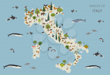 Flat design of Italy wildlife. Animals, birds and plants constructor elements isolated on white set. Build your own geography infographics collection. Vector illustration