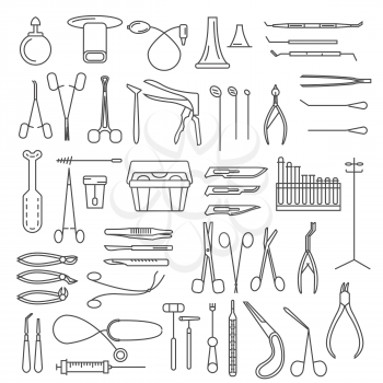 Medical instruments thin linear icon set. Gynecology, otorhinolaryngology, dentistry, surgery, therapy and other. Vector illustration