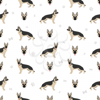 German shepherd dog  in different poses and coat colors seamless pattern. Vector illustration