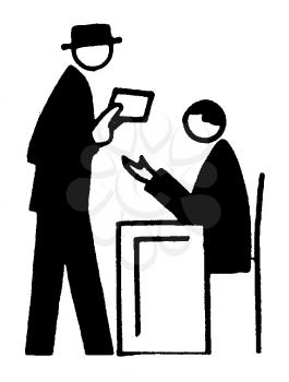 Royalty Free Clipart Image of a Man Handing Something to a Man at a Desk