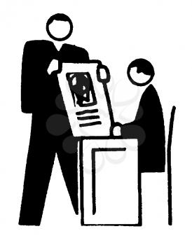Royalty Free Clipart Image of a Man at a Desk Looking at Something Another Man is Holding