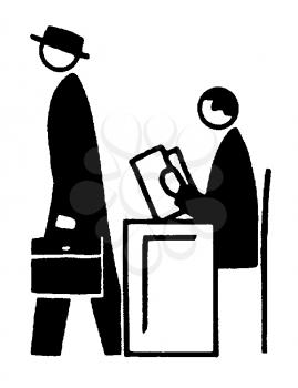 Royalty Free Clipart Image of a Man Reading at a Desk and Another Walking Away