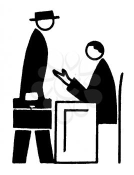 Royalty Free Clipart Image of a Two Businessmen Talking at a Desk