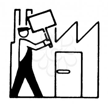 Royalty Free Clipart Image of a Picketer Outside a Factory