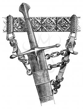Royalty Free Clipart Image of a Sword Hanging in it's Sheath 