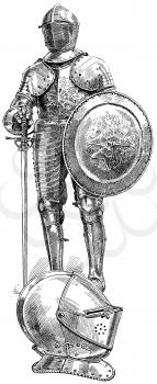Royalty Free Clipart Image of a Knights armour Standing Display, With close up of Helmet 