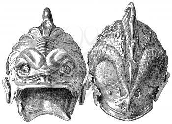 Royalty Free Clipart Image of a Front & Back View of a Burmese Helmet