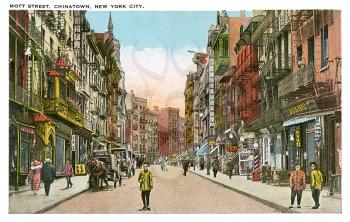 Royalty Free Clipart Image of a Postcard of Mott Street in New York's Chinatown