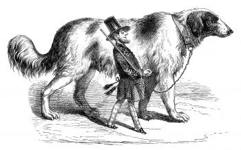 Royalty Free Clipart Image of a Big Dog and a Small Man