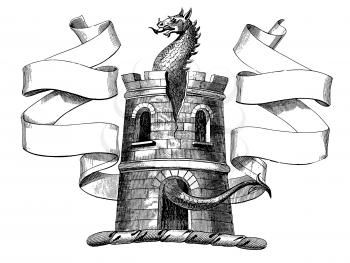 Royalty Free Clipart Image of a Dragon in a Castle 