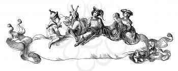 Royalty Free Clipart Image of People Sitting on a Scroll