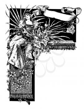 Royalty Free Clipart Image of a Woman on a Leafy Arrangement and Banner
