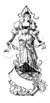 Royalty Free Clipart Image of a Lady Wearing a Cone Shaped Medival Hat